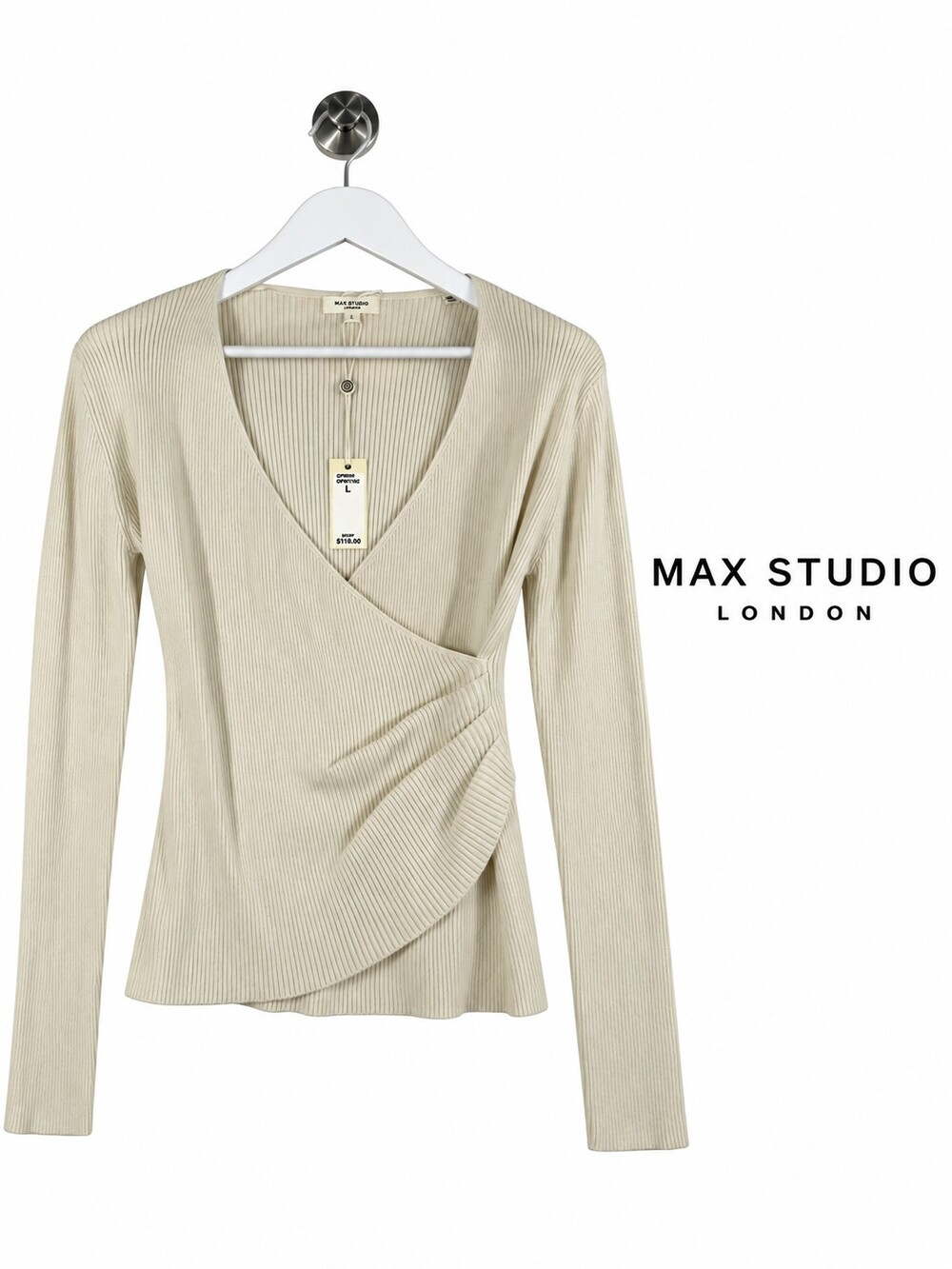 NWT Max Studio Ivory Ribbed Wrap Sweater Top Size L MSRP $118